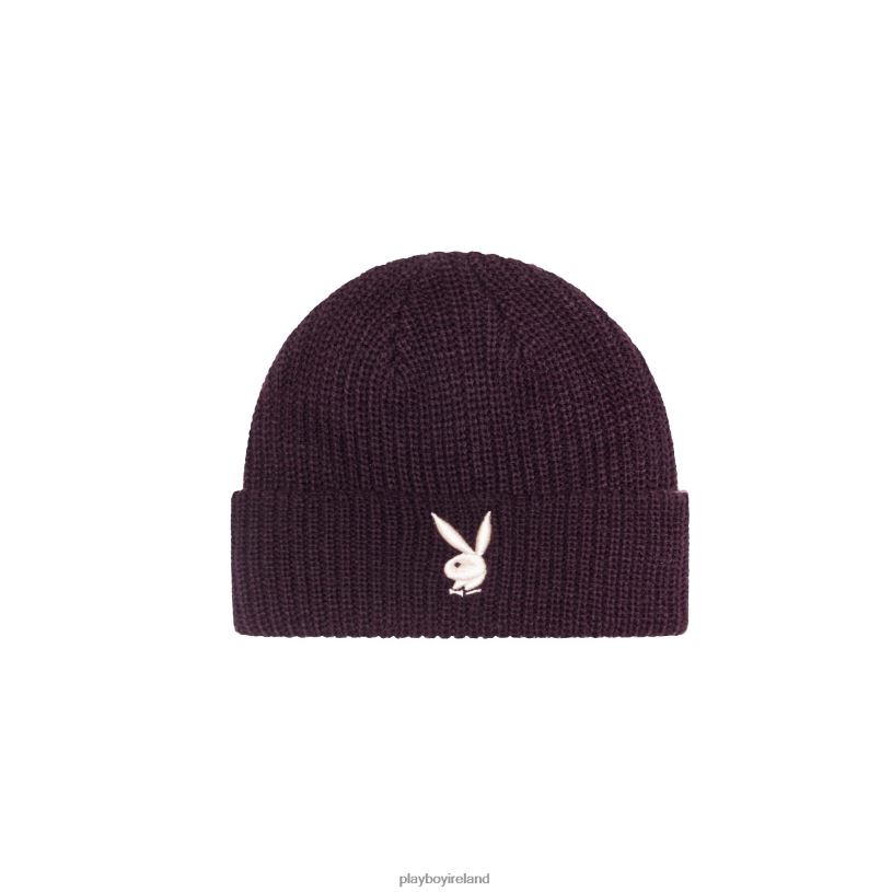 Playboy Men Rabbit Head Knit Beanie HBFB759 Accessory Plum With Ecru Bunny
