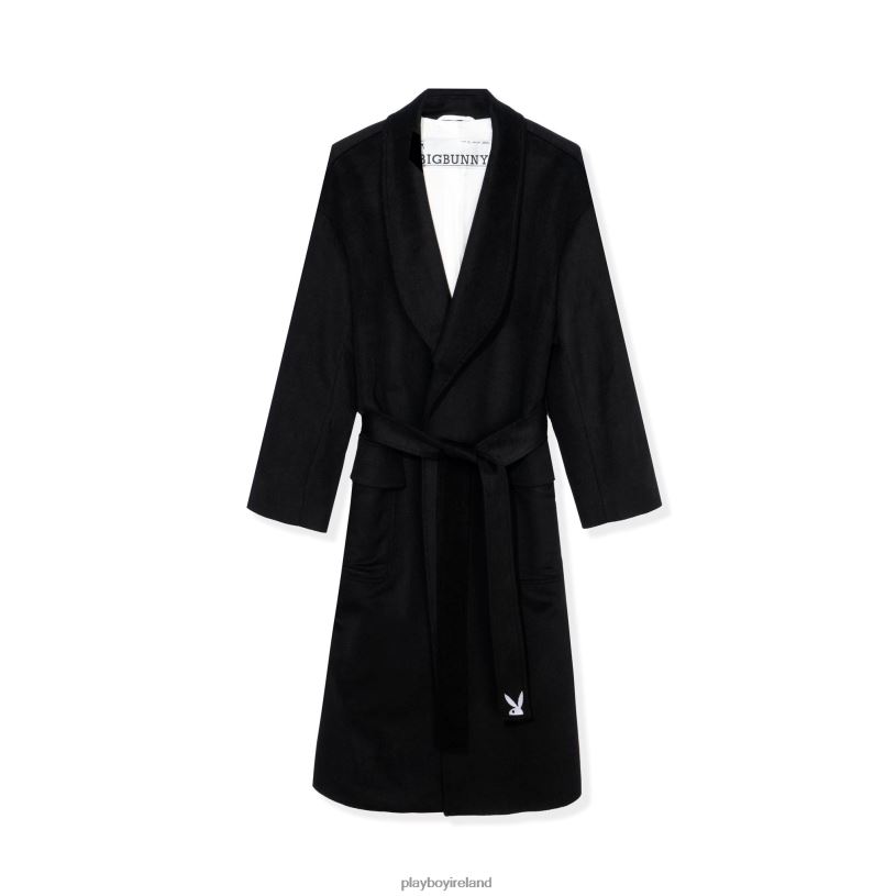 Playboy Men Belted Long Wool Robe Coat HBFB513 Clothing Black