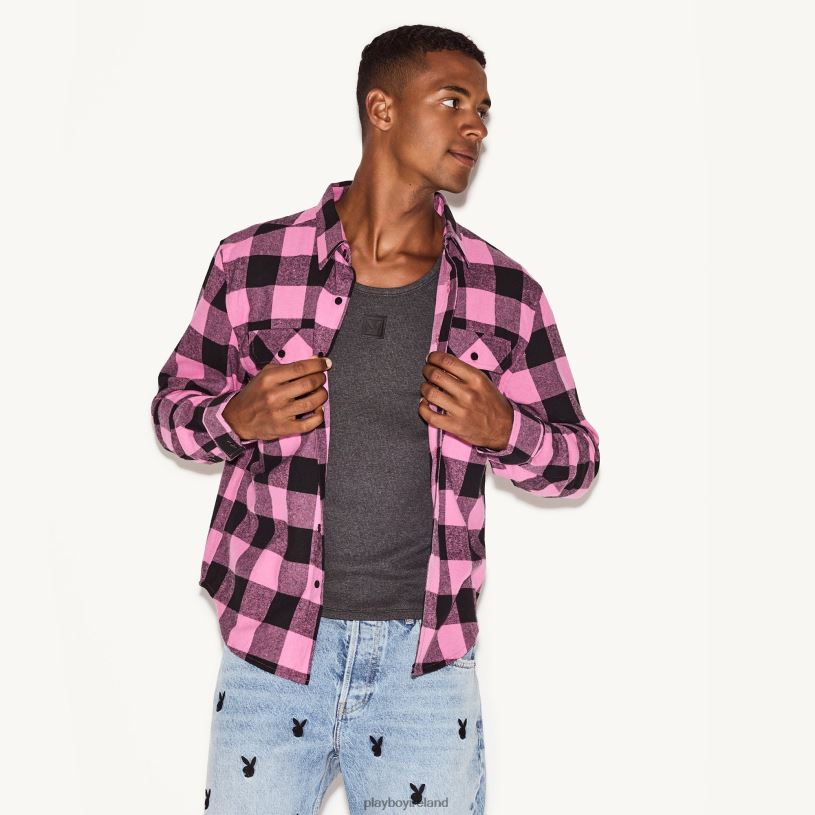 Playboy Men Flannel Long Sleeve Shirt HBFB279 Clothing Pink Plaid