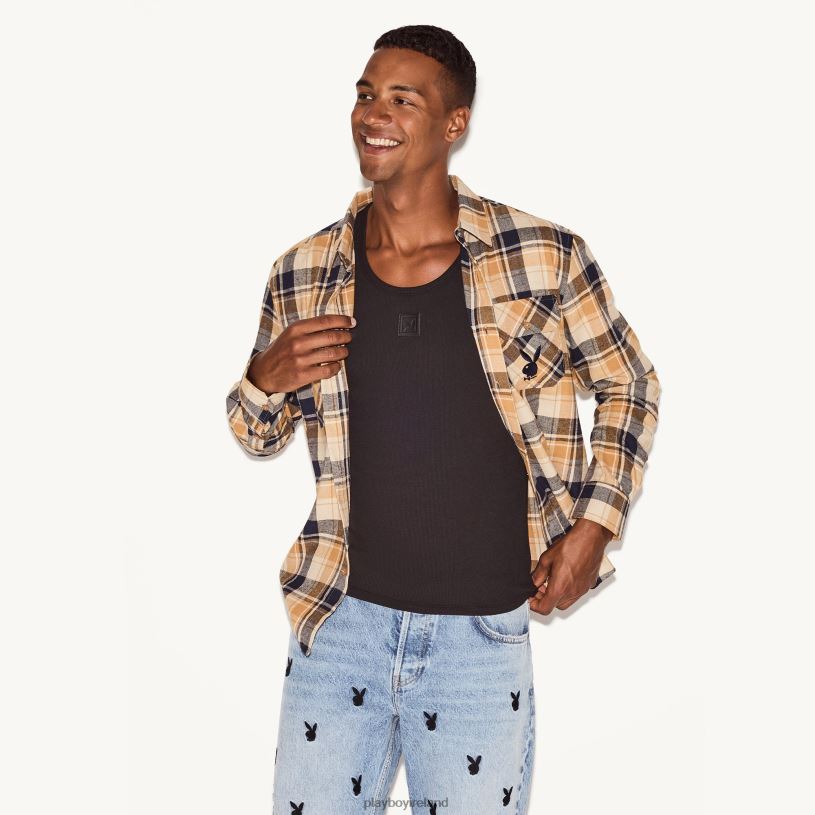 Playboy Men Flannel Long Sleeve Shirt HBFB311 Clothing Tan plaid
