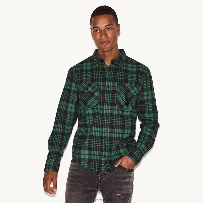 Playboy Men Flannel Long Sleeve Shirt HBFB313 Clothing Green Plaid
