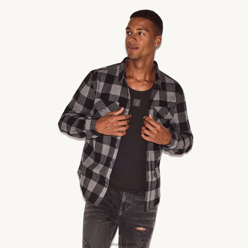 Playboy Men Flannel Long Sleeve Shirt HBFB314 Clothing Black Plaid