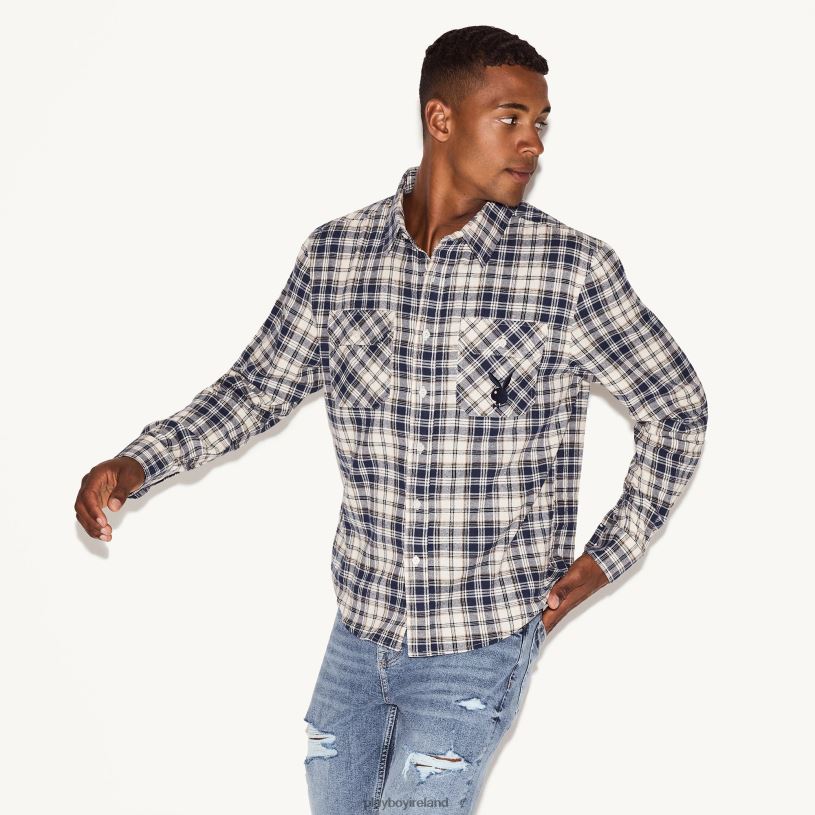 Playboy Men Flannel Long Sleeve Shirt HBFB315 Clothing White Plaid