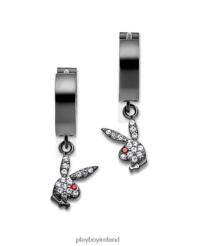 Playboy Women Bunny Huggie Hoop and Dangling Charm Earring HBFB1609 Accessory Black