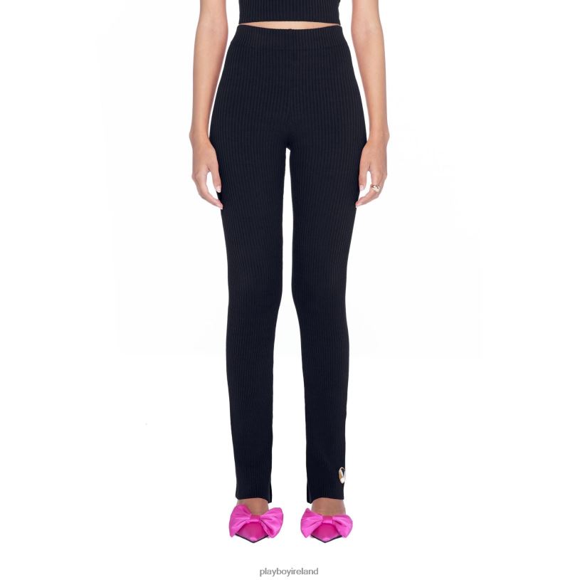 Playboy Women Flared Ribbed Leggings HBFB657 Clothing Black