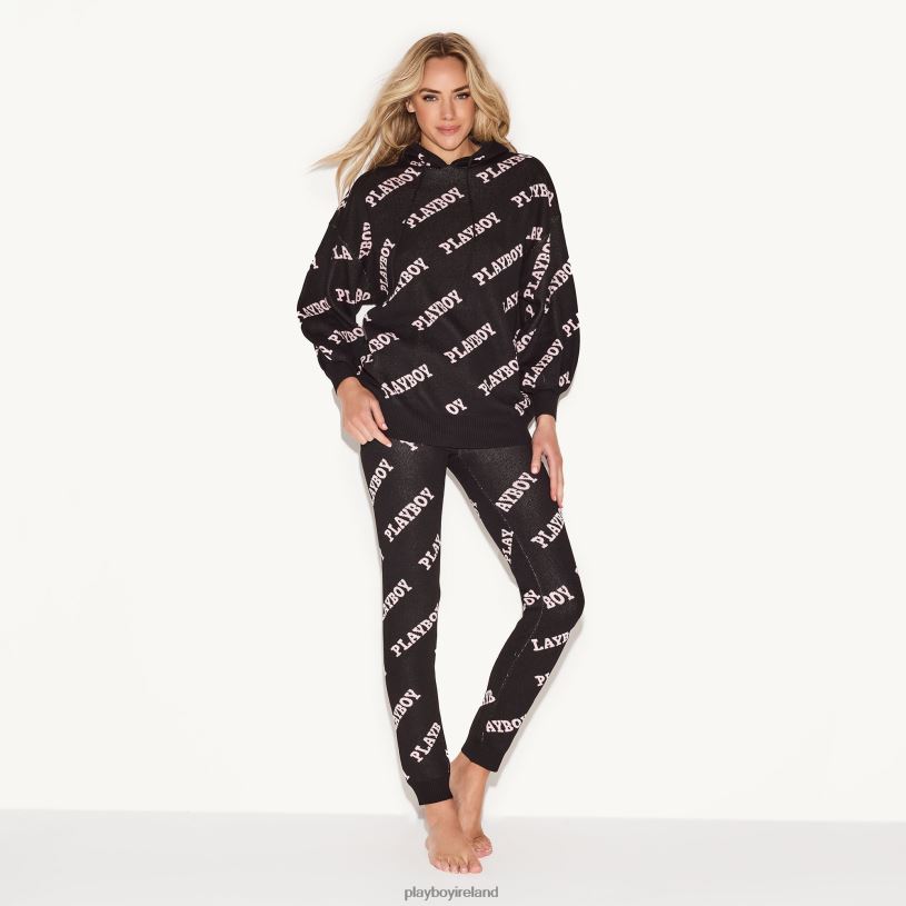 Playboy Women Masthead Intarsia Knit Leggings HBFB1221 Clothing Black