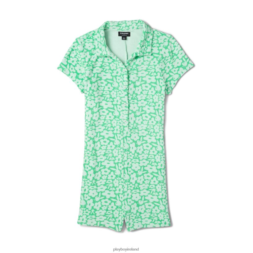 Playboy Women Camper Terry Romper HBFB1340 Clothing Green spruce print