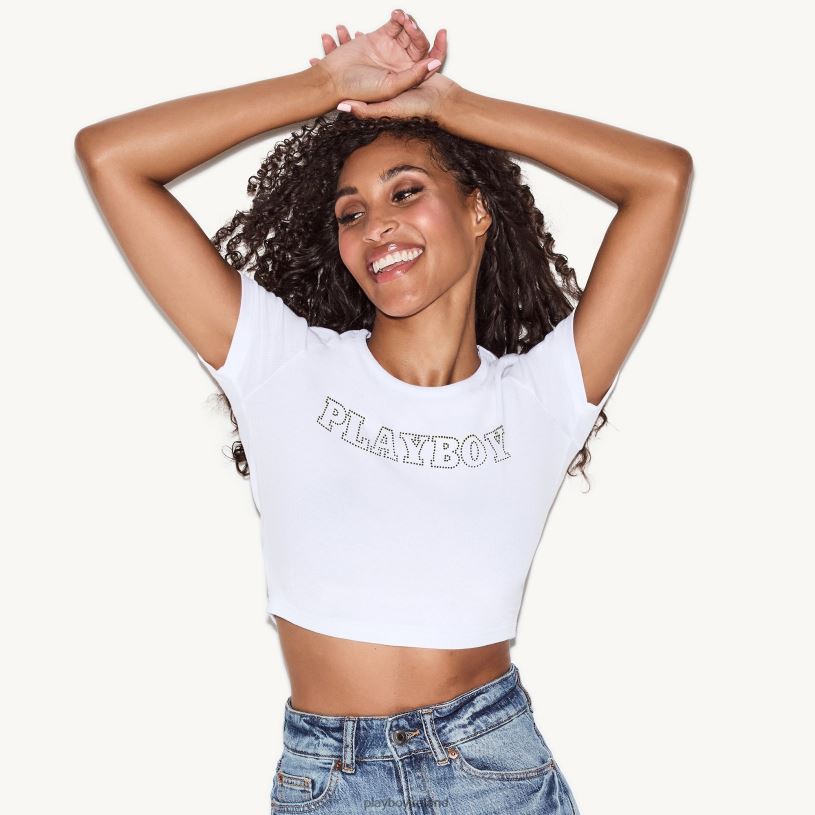 Playboy Women Classic Rhinestone Masthead Baby Tee HBFB954 Clothing White