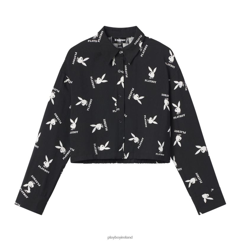 Playboy Women Cropped Button Down Shirt HBFB1000 Clothing Black