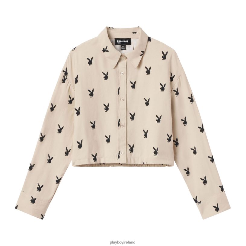 Playboy Women Cropped Button Down Shirt HBFB999 Clothing Tan