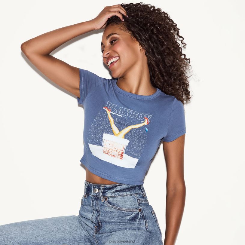 Playboy Women December 2013 Cover Baby Tee HBFB935 Clothing Dusty Blue