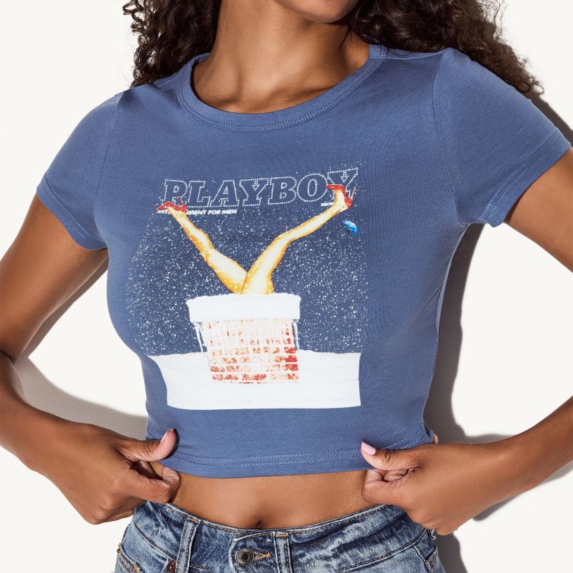 Playboy Women December 2013 Cover Baby Tee HBFB935 Clothing Dusty Blue