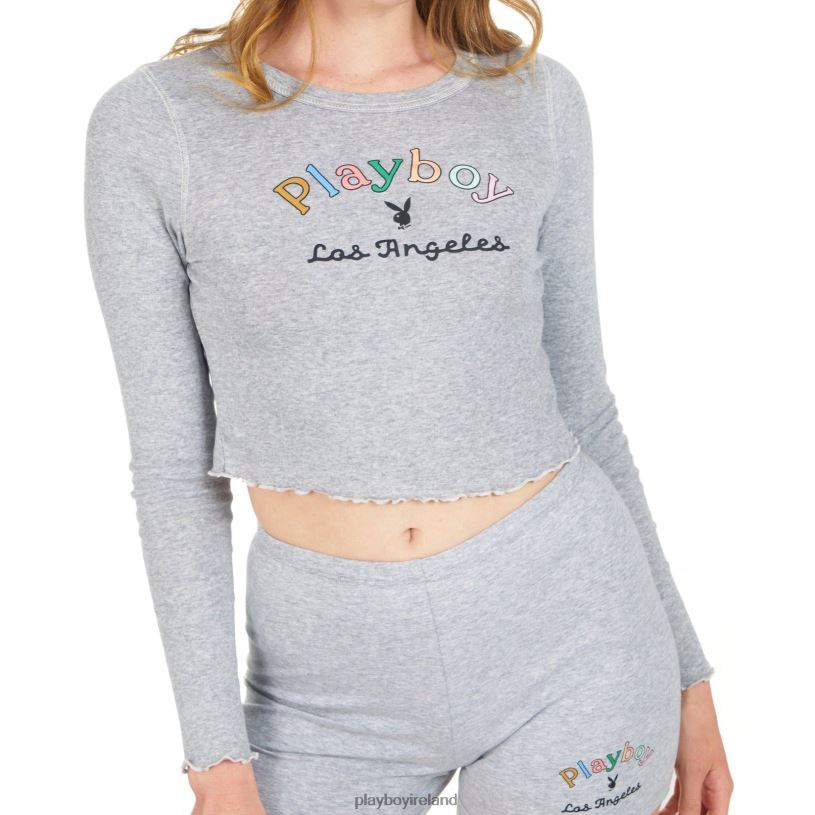 Playboy Women Rainbow Masthead Long Sleeve Top HBFB1004 Clothing Heather Grey