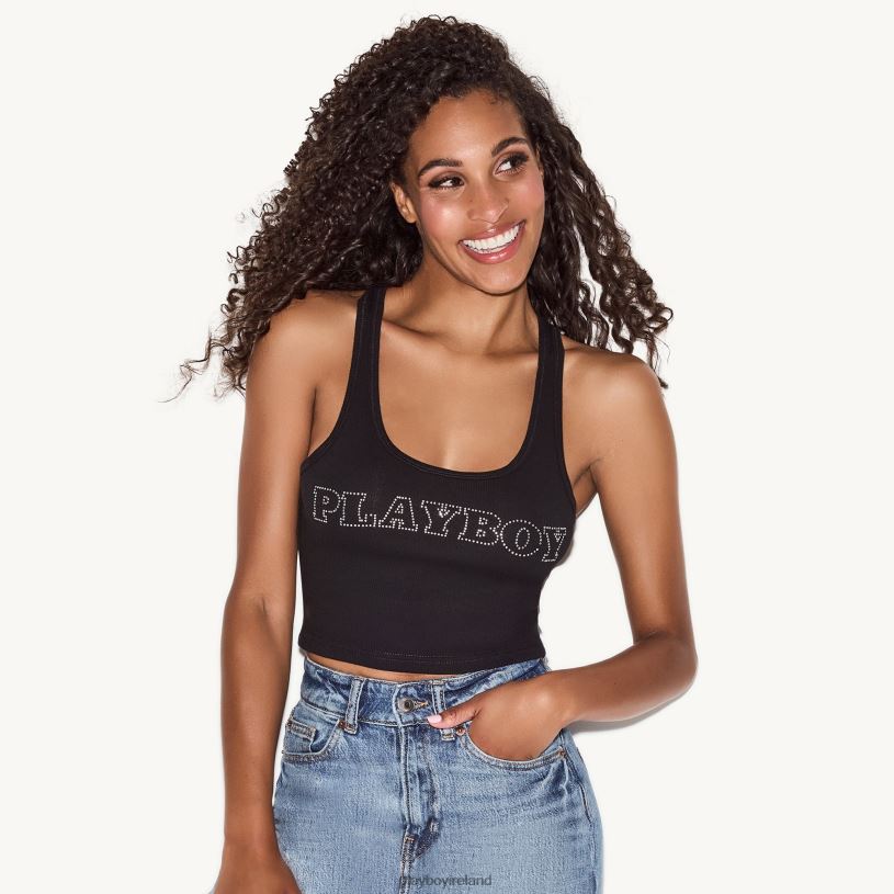 Playboy Women Rhinestone Masthead Racerback Tank HBFB979 Clothing Black