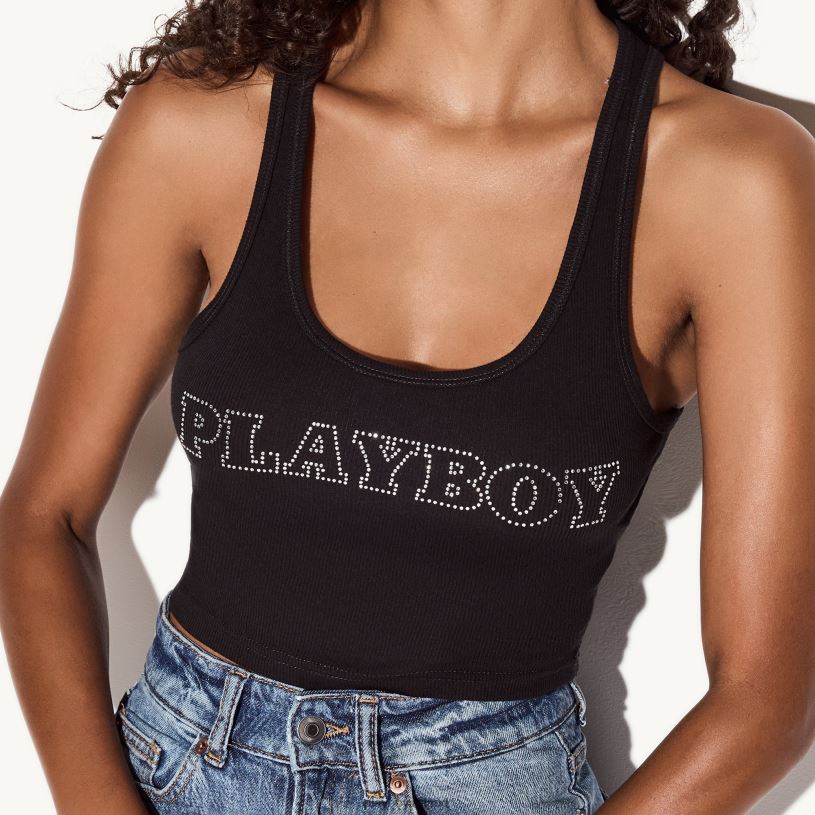Playboy Women Rhinestone Masthead Racerback Tank HBFB979 Clothing Black